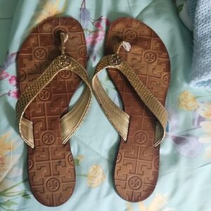 Tory Burch Gold Sandals with Geometric Embossed Footbed